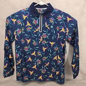 Coolibar Long Sleeve Mens Shirt Drive Golf Polo Large Navy Blue Parrot UPF 50+‎